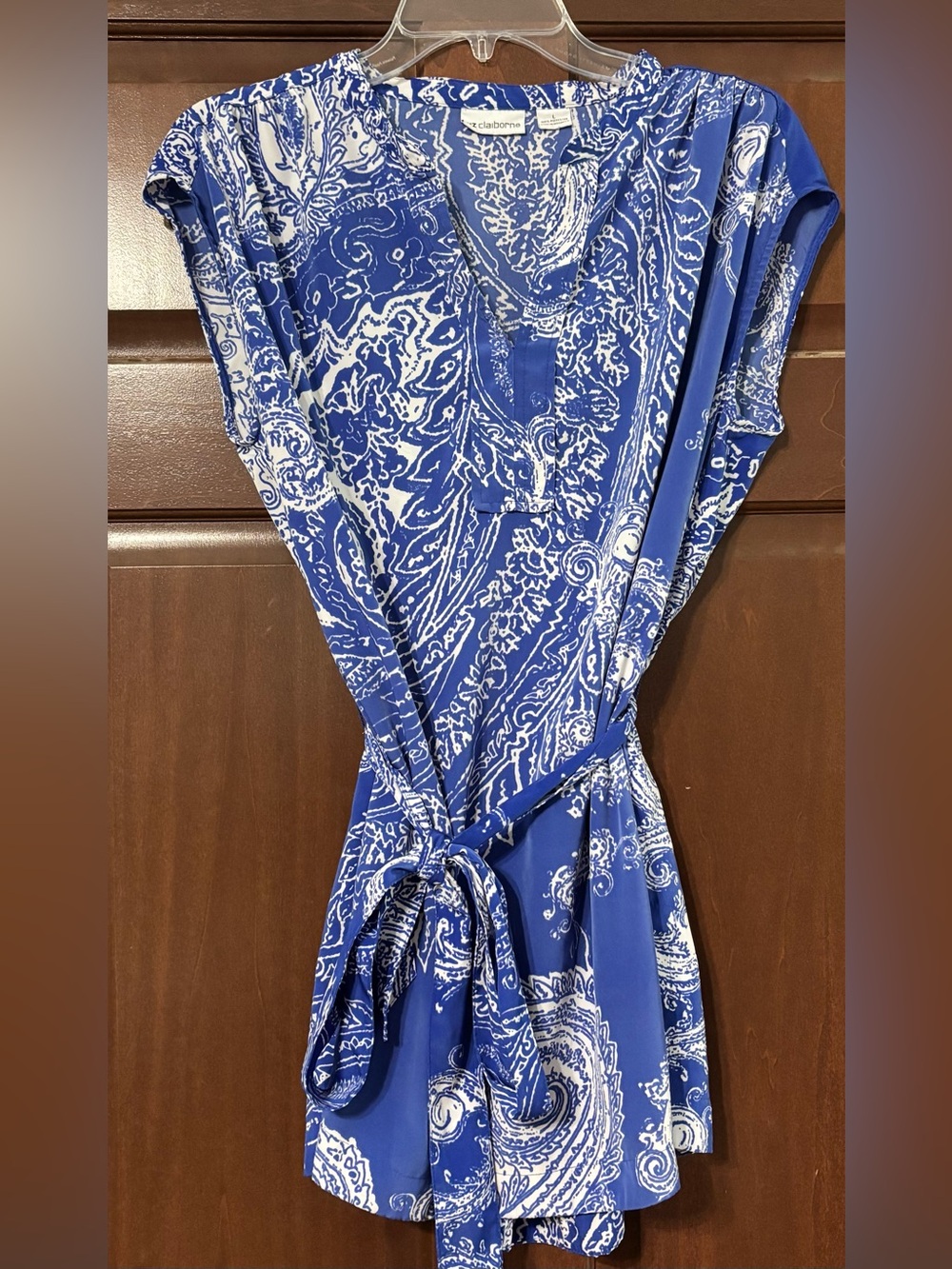 Liz Claiborne belted tunic top beach cover size large. Blue and white.